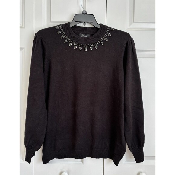 WOMEN'S BLACK JEWELED SWEATER CREW NECK LONG SLEEVE KNIT SIZE 2X G GREIGE - Picture 1 of 10
